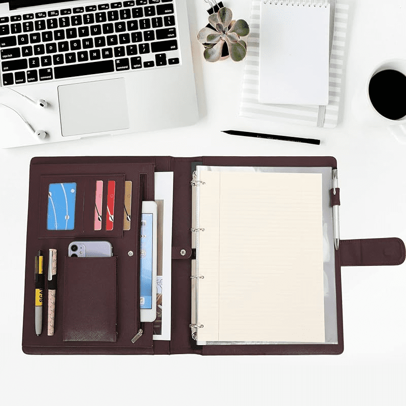 Wonderpool A4 PU Leather Ring Holder Writing Portfolio Multi Document Case with Removable Binder Clipboard and Functional Pocket for Organizer Office Travel School (Coffee)