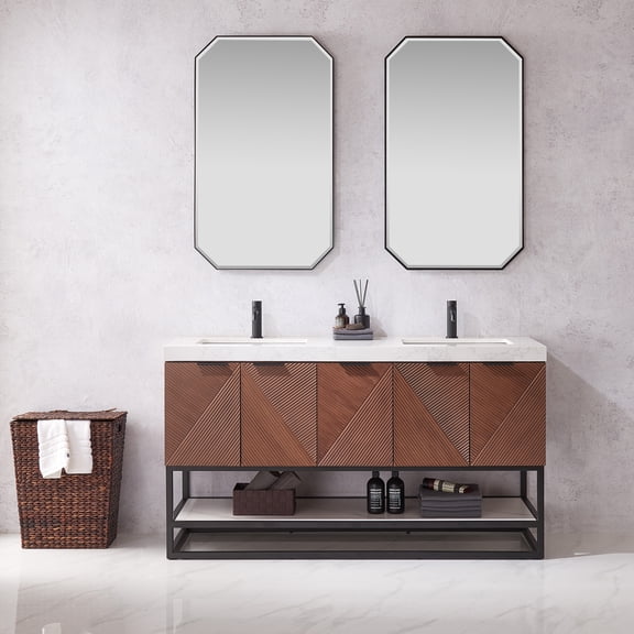 Mahon 60MB" Double Bath Vanity in N. American Deep Walnut with White Grain Stone