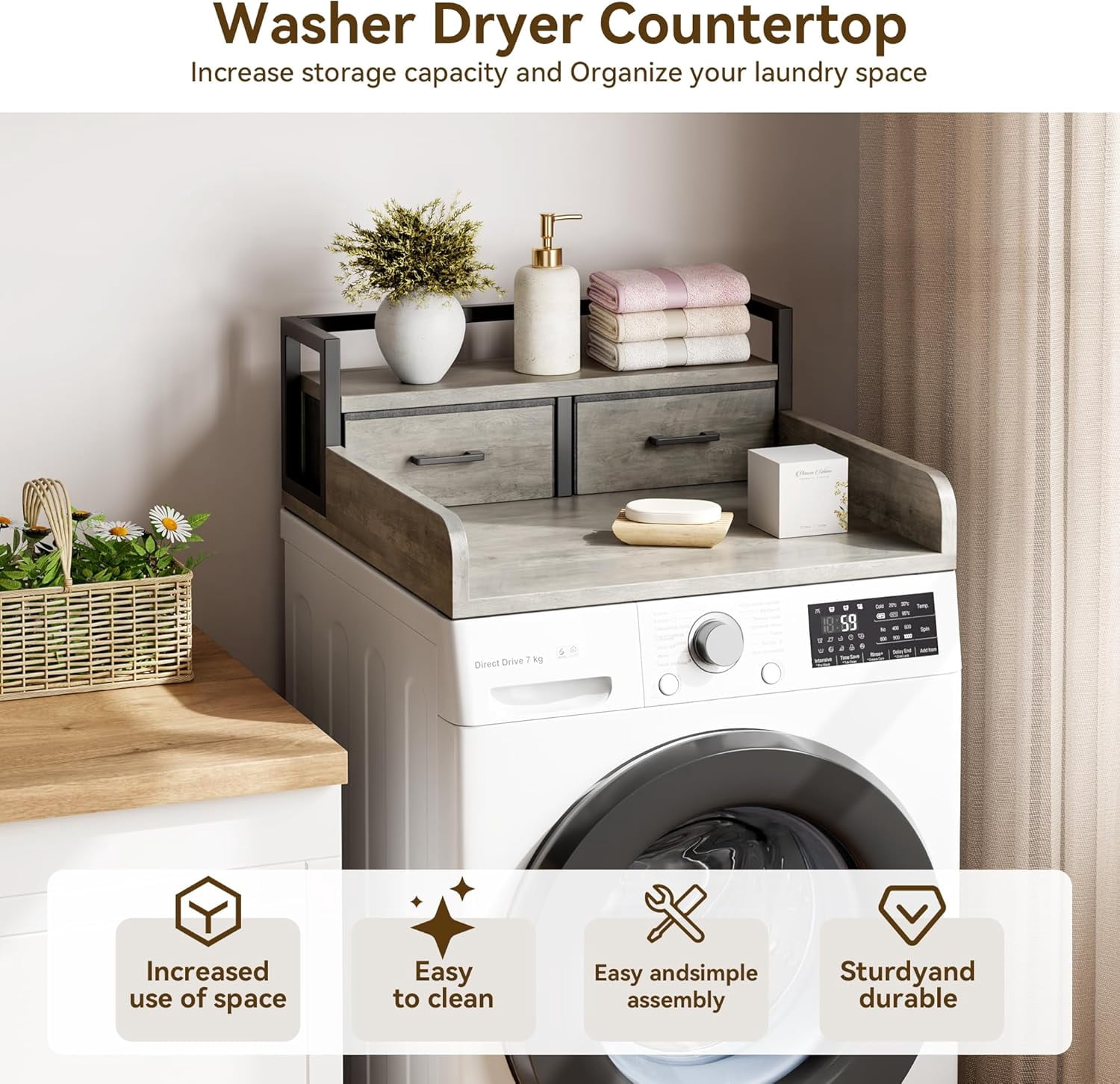 2-Tier Washer and Dryer Countertop with Shelf or Drawers, Laundry Countertop Cover with Non-Slip Pad, 54"X27.5" Laundry Topper for Folding Clothes Over Washer and Dryer, Grey