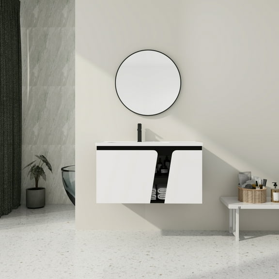 36" Floating Wall-Mounted Bathroom Vanity with Ceramic Basin & Soft-Close Cabinet Door, White Black
