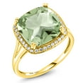 thumbnail image 3 of Gem Stone King 6.74 Cttw 10K Yellow Gold Green Prasiolite and White Created Sapphire Ring for Women | Center Cushion Cut 12MM | Gemstone Birthstone | Size 5 to 9, 3 of 5