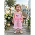 thumbnail image 5 of BemeyourBBs Toddler Baby Girls 4th of July Outfit Smocked Romper Patriot Independent Day Clothes Strap Tie-up Striped Jumpsuit USA Letters Embroidery Sleeveless Ruffled Overalls Shorts Playsuit, 5 of 9