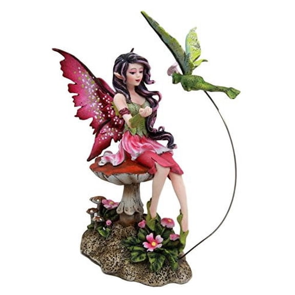 Atlantic Collectibles Amy Brown Whimsical Pink Elf Fairy With Flying Flower Frog Fairy Messenger Decorative Figurine 6.75"H