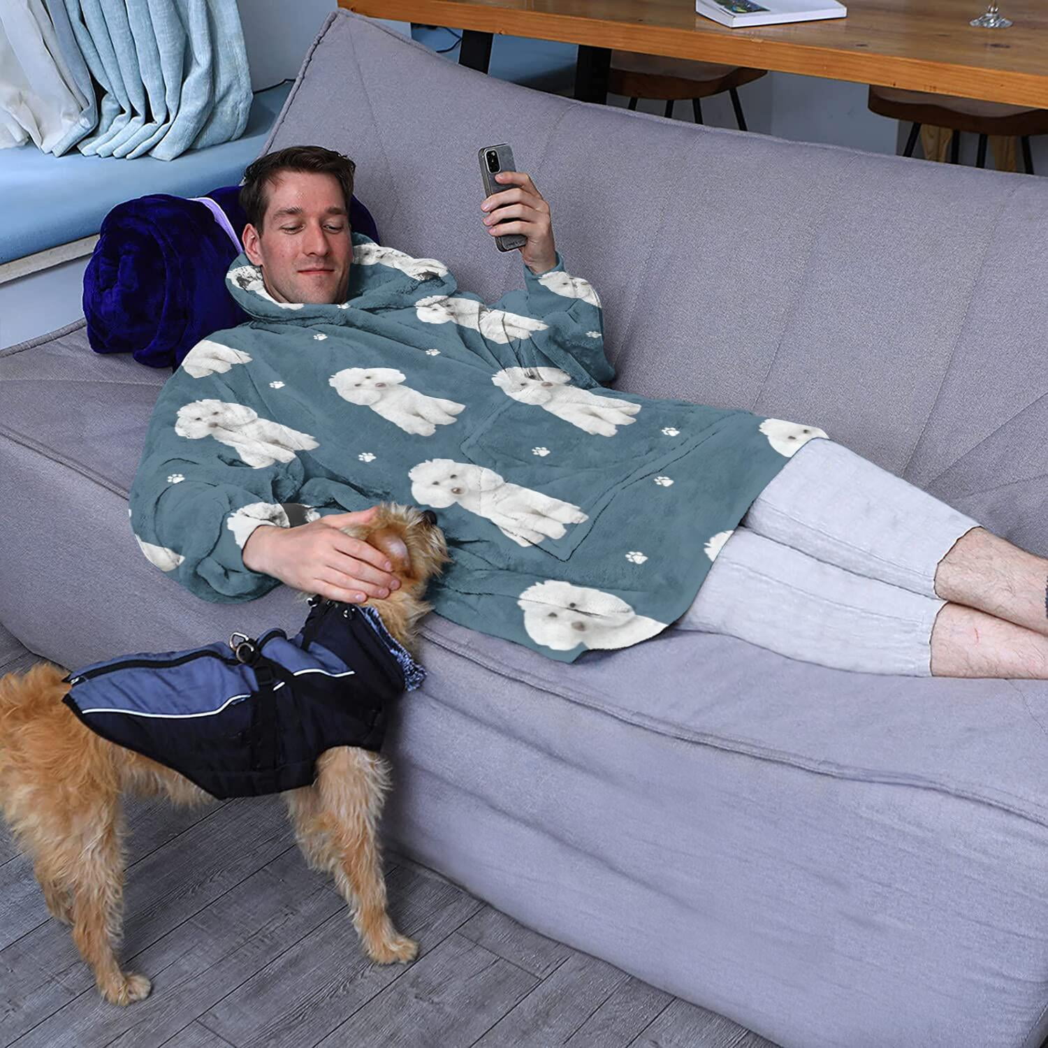 Poodle Dog and Footprint Wearable Oversized Blanket,Wearable Blanket Hoodie for Adults,Cozy Hooded Blankets with Super Pockets,Super Warm Fuzzy Pullover for Women & Men