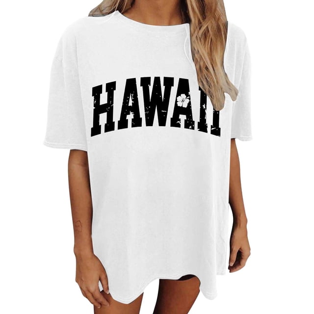 Tiweut Hauts Décontractés pour Femmes Oversize Vintage Coupe Ample Manches Courtes Col Rond T-Shirts d'Été pour Dame Blanc