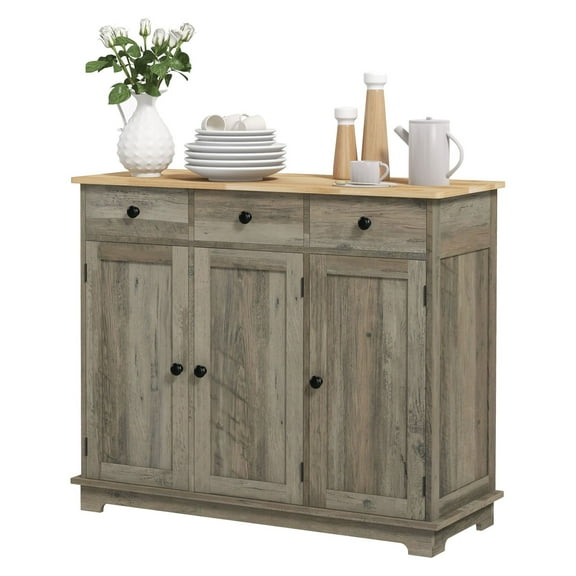 SAZYY 40" Storage Cabinet Sideboard, Large Distressed Gray Kitchen Buffet Table with Multi Drawers & Adjustable Shelf