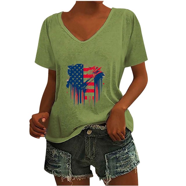Camisetas Casuales de las Mujeres Gradiente Día de la Independencia Impreso Cuello Redondo, Blusa de Manga Corta para Diario, Fiesta Y Primavera Verano