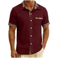 thumbnail image 2 of Men's Short Sleeve Button Down Shirt Casual Top with Pocket Lapel Collar Loose Fit Breathable Cotton for Business Office Work Travel Outfits | AESTIVO,Wine 2XL, 2 of 8