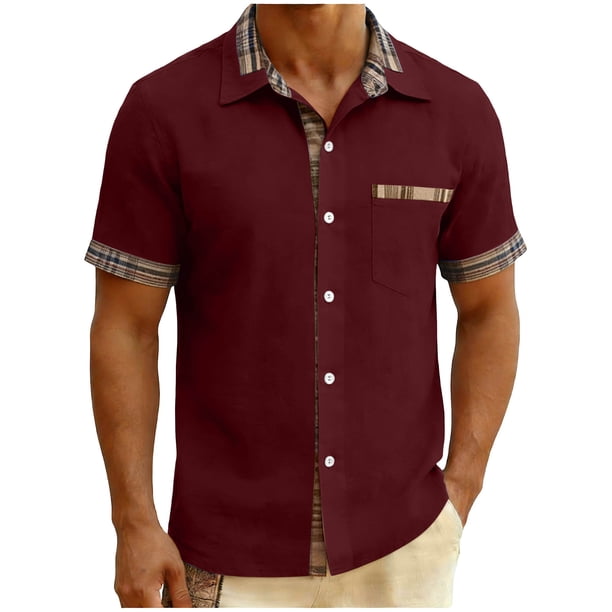 Ceisia Men's Relaxed Fit Short Sleeve Turndown Collar Shirt with Plaid Contrast Trim Wine M Gifts