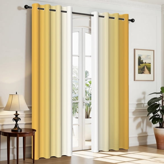 Aofoto White and Yellow Blackout Curtains 2 Panels, Living Room Thermal Insulated Gradient Drapes, Light Blocking Ombre Curtains for Bedroom, 42W x 84L Inches