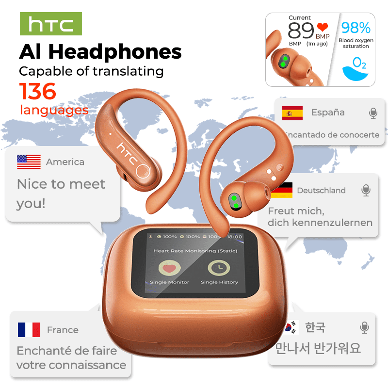 HTC NE61 Heart Rate Wireless Bluetooth 6.0 Open in-Ear Earbuds, AI Translator, Noise-Cancelling Headphones, 130+ Languages,Orange