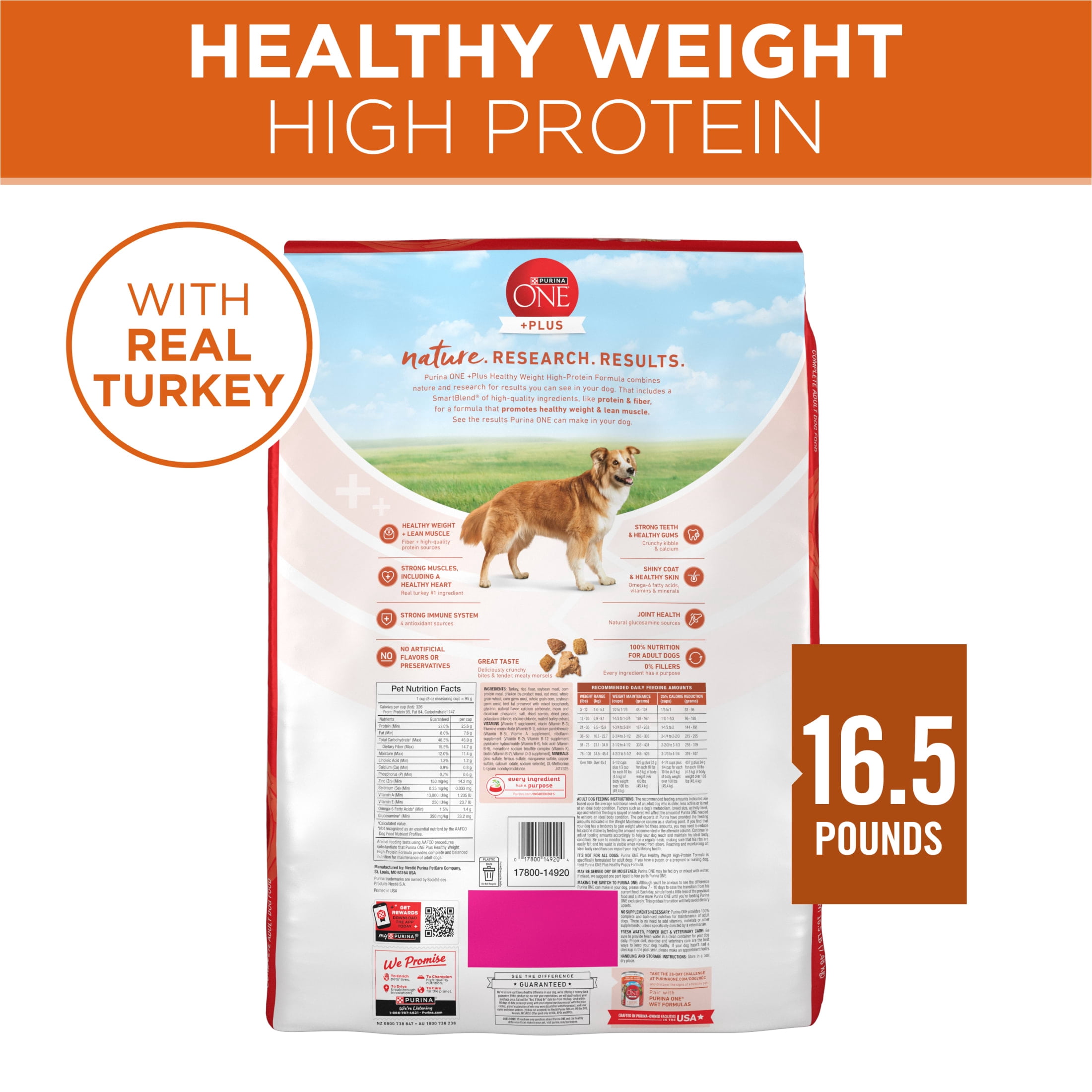 Purina One +Plus Dry Dog Food High Protein Healthy Weight, Real Turkey 16.5 lb Bag