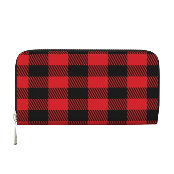 Leather Zipper Pocket Hand Wallet For Women And Men Travel Leather Purse Large Capacity Credit Card Holder Red Black Tartan Plaid Abstract