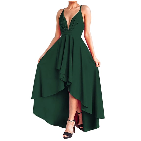 Women’s Evening Deep V-Neck Party Dresses Sleeveless A-line High-Low Formal Cocktail Long Evening Dress