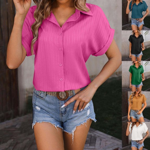 HAPIMO Women's Trendy Cotton Linen Loose Shirts Clearance Summer Tees Elegant Casual Relaxed Blouses for Teen Girls Solid Color Short Sleeve Lapel Button Pullover Black XL