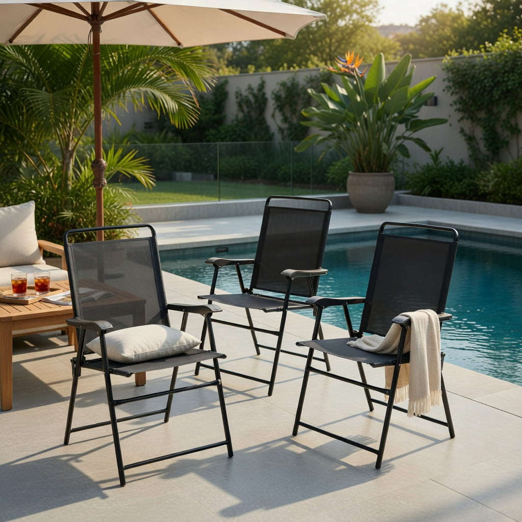 Hommoo 4-Pack Portable Outdoor Folding Chairs with Armrests, Heavy-Duty Steel Frame, Breathable Fabric, Compact Foldable Design for Patio, Garden & Balcony, Gray