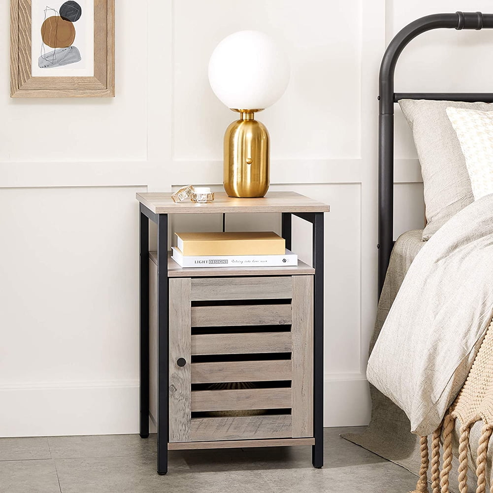 Kadyn End Table, Steel Side Table with Open Shelf and Door, Inner Adjustable Shelf, Bedside End Table for Bedroom, Greige and Black Kadyn End Table, Steel Side Table with Open Shelf and Door, Inner Adjustable Shelf, Bedside End Table for Bedroom, Greige and Black