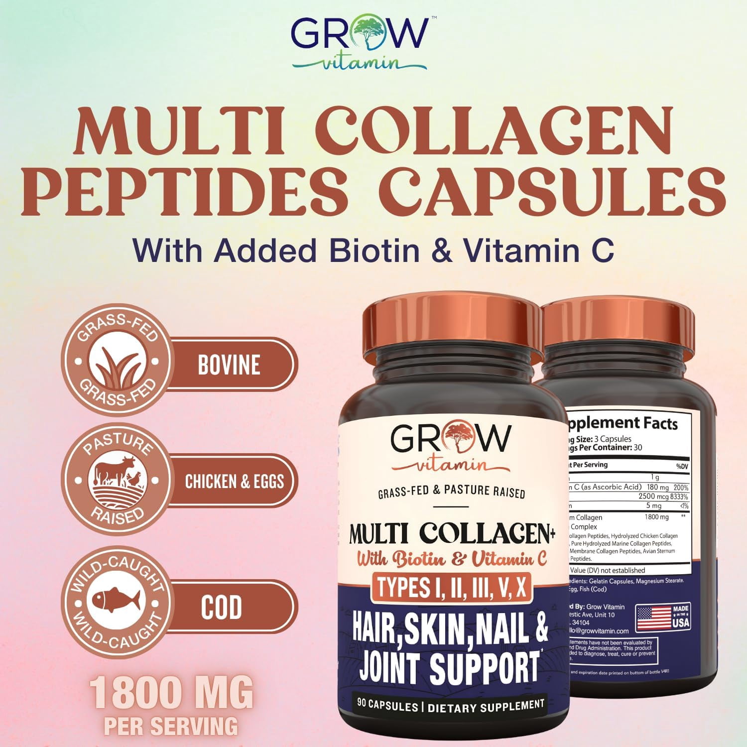 Grow Vitamin Collagen Supplements for Skin Elasticity, Hydration & Cartilage - 90 Capsules