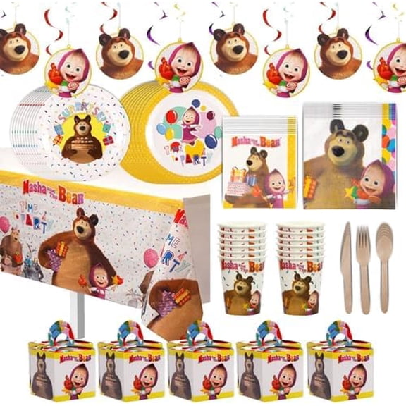 Masha and The Bear Party-In-A-Box - Complete Decorating Kit for Birthdays, Holidays & More! 8 Hanging Decs, 8 Plates, Tablecloth, Utensils, Cups, Napkins, Favor Boxes$$Home Decor, Kitchen, & Other