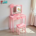 thumbnail image 2 of Tcbosik Vanity Set with Stool and LED Lighted Mirror, Pink Cow Makeup Table with Touch Control 3 Color Lighting, Drawer Storage, Solid Wood Legs, Pink Bedroom Vanity, 2 of 8