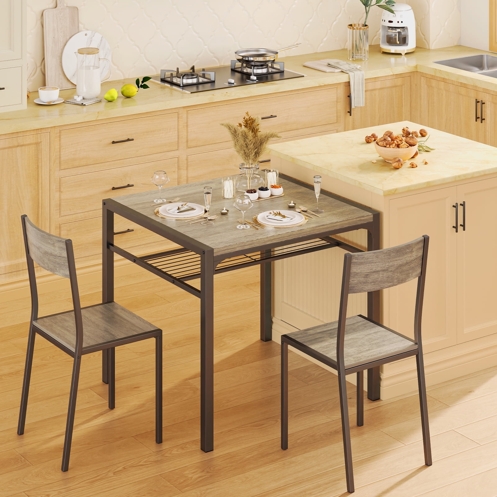 Lofka Kitchen Table and Chairs Set, Modern Dining Room Table Set with Storage Shelves, Gray