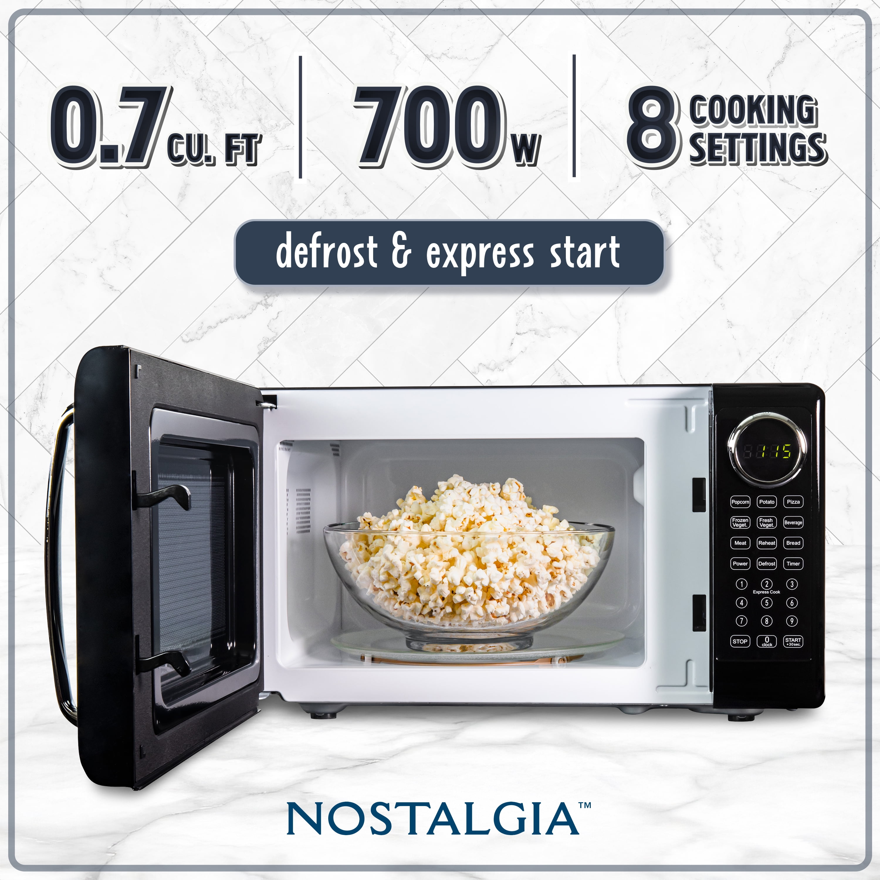 Nostalgia 0.7 cu ft Retro Microwave Oven, 700W Countertop Microwave Oven with 8 Auto Cook Programs, Black