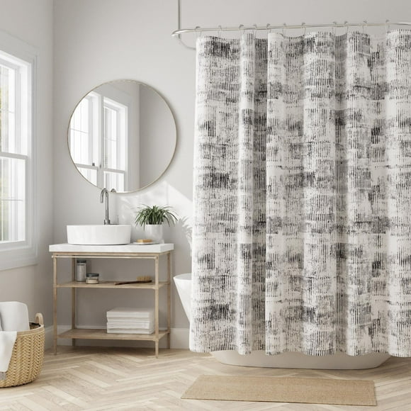 Home Trends Heavy Weight Block Print or Chevron Design Fabric Shower Curtain with Recycled Cotton and Polyester