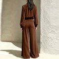 thumbnail image 4 of Szluipve 2 Piece Sets for Women Velvet 2 Piece Matching Outfit High Neck Pleated Long Sleeve Blouse Top & High Waist Wide Leg Palazzo Pants Elegant Party Set with Pockets Coffee 2XL, 4 of 9