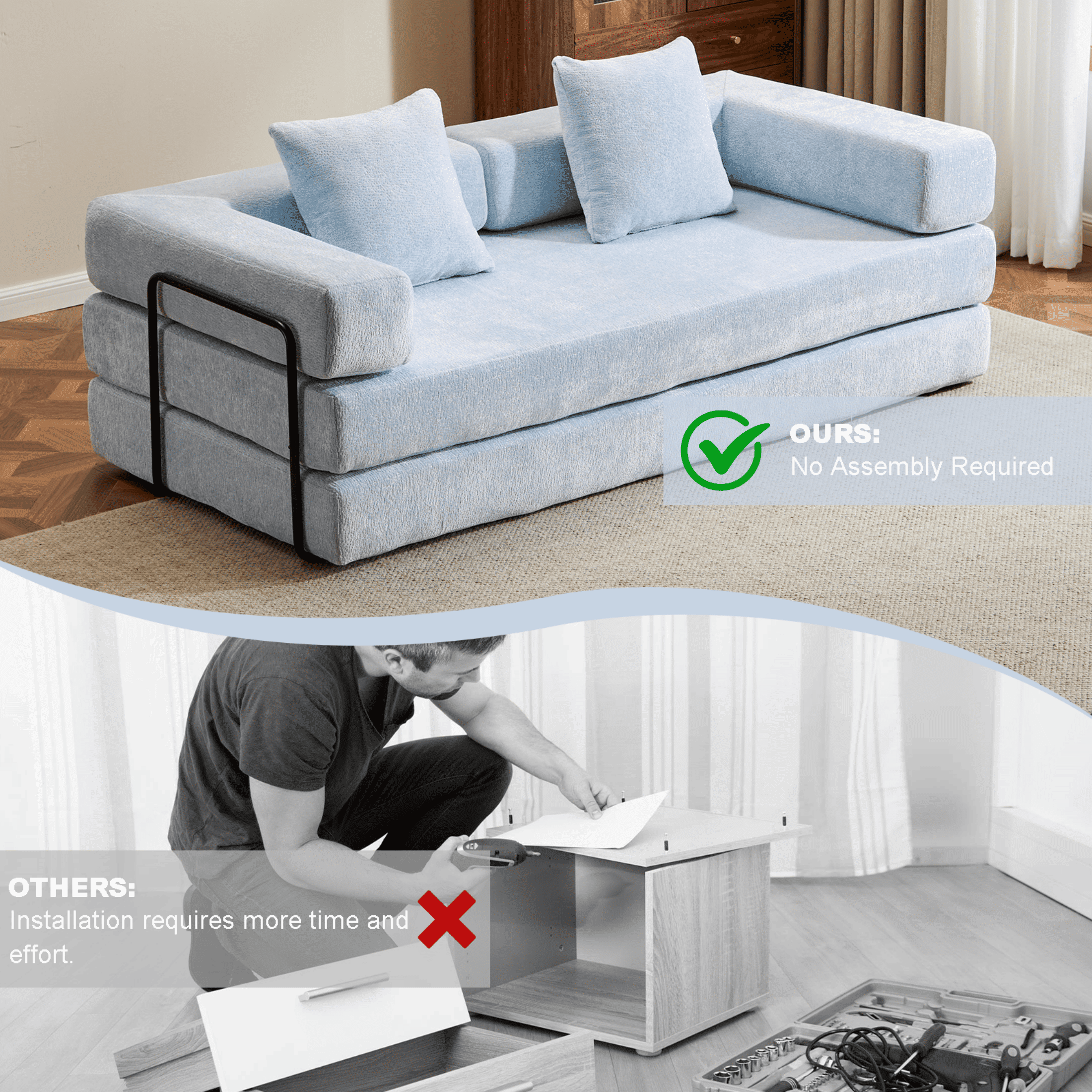 Alvantor 77" Convertible Sofa Bed, Compression Couch with 2 Pillow and Back Support Armrest for Living Room, Light Blue