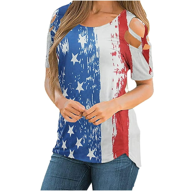 Ladies Patriotic Tops Summer T Shirts Short Sleeve Tunic Strappy Cold ...