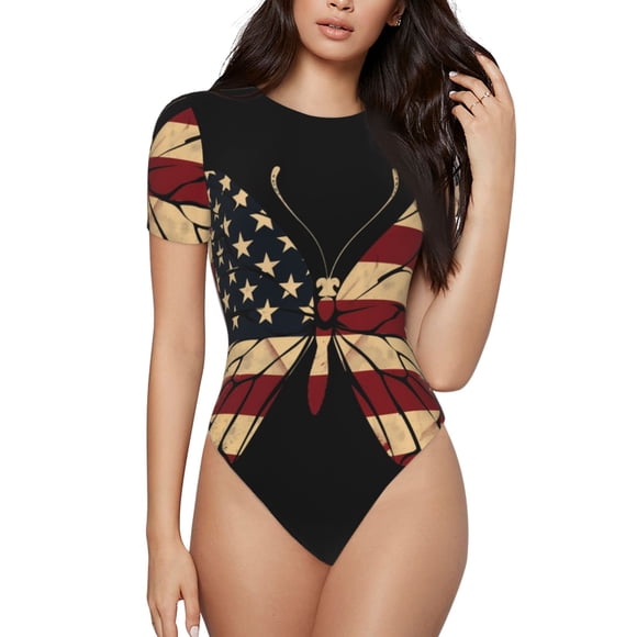 Bingfone Patriotic USA Butterfly Art Pattern Women's Round Neck Bodysuit, Tight Snap Button Short Sleeve Bodysuit, Suitable for Party, Sports, Daily Wear-X-Large