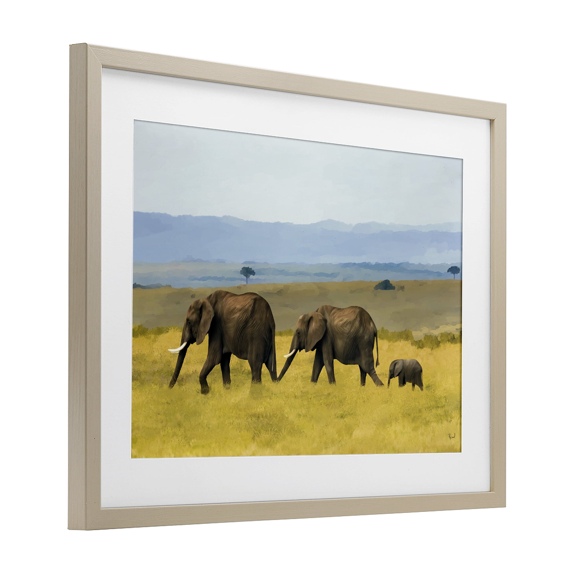 Stupell Industries Elephants In The Grassland Birch Framed Print Under Glass, design by Renel Peters