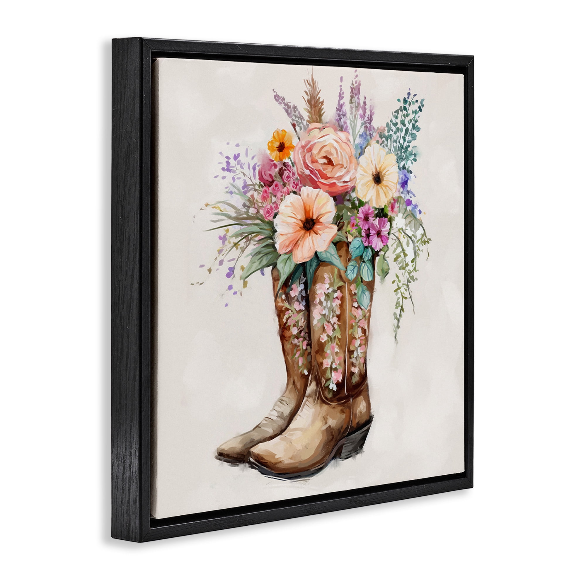 Stupell Industries Country Cowboy Boots Bouquet Botanical & Floral Painting Black Floater Framed Canvas Art Print Wall Art, 25 x 25