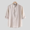 thumbnail image 4 of Camisas s Para Hombre Hombres Casual Tops Camisa Lino Rayas Cuello Camisa de manga larga Botones de Blusa superior suelta (Beige, 3XL), 4 of 6