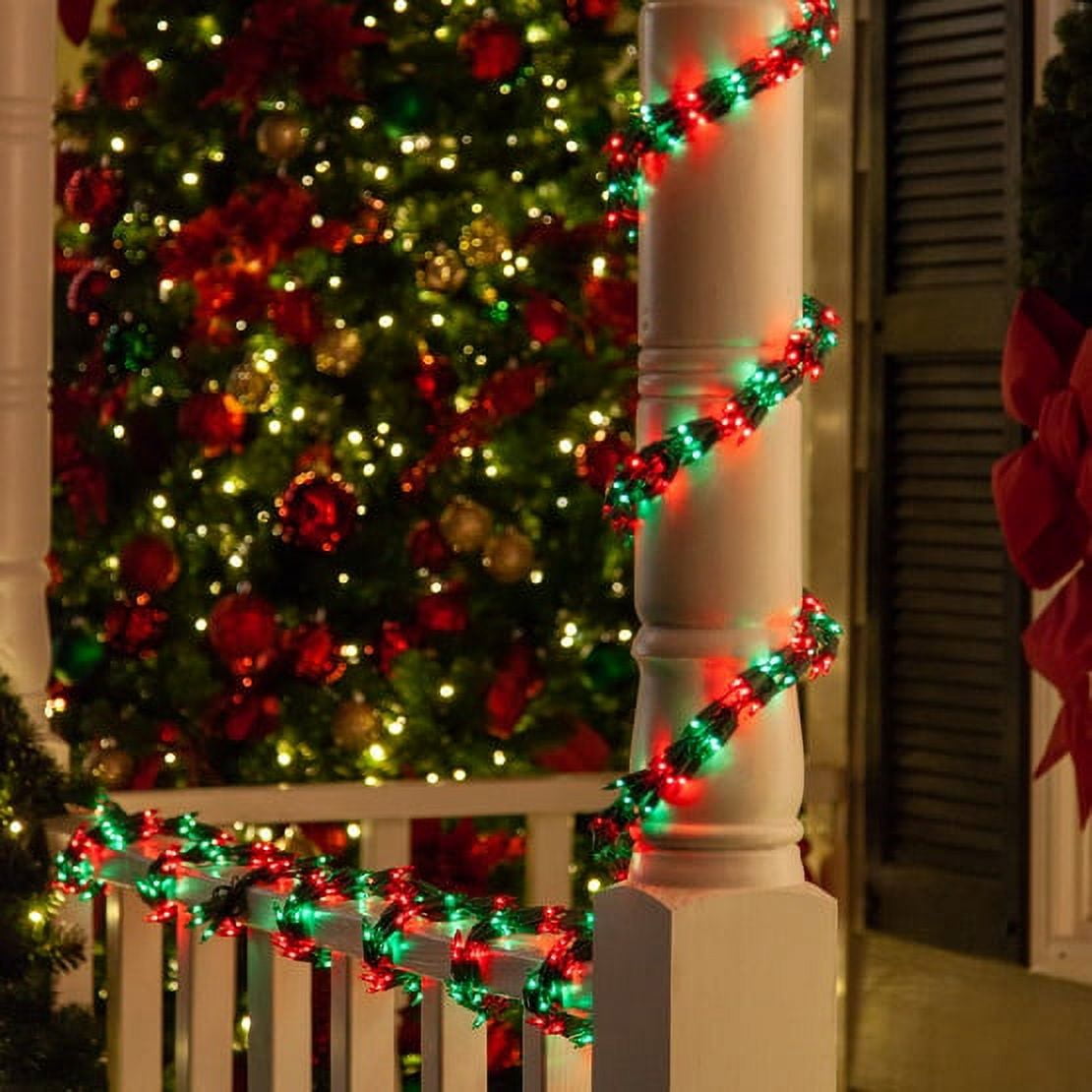 Wintergreen Lighting Red/Green Cluster String Lights Garland, 9ft, 300 Lights, Green Wire Christmas Patio Porch Railing Banister Lights