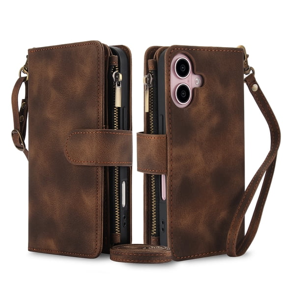 Crossbody Wallet Case for iPhone 17, Premium PU Leather Phone Case with RFID Blocking Card Holder Zipper, Wrist Strap & Lanyard, Stand Purse Cover for iPhone 17, Brown