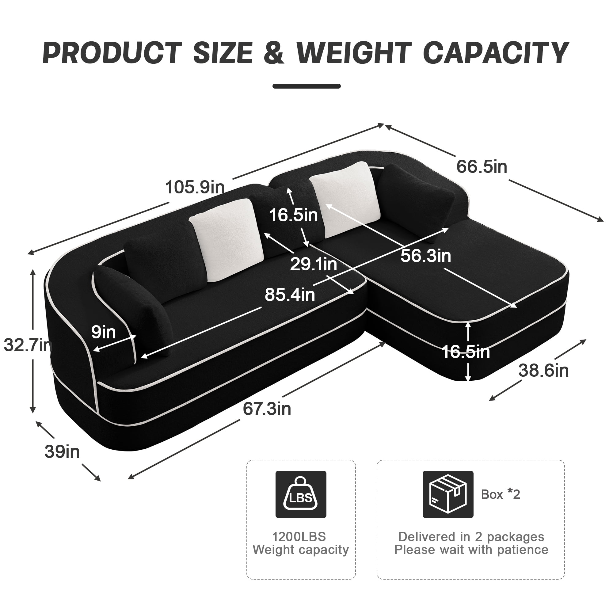 106" Teddy Fabric No Assembly 32D Boneless Sofa,Contrast color design,Fluffy Comfy Couch with L-Shaped Chaise,for Living Room,Black