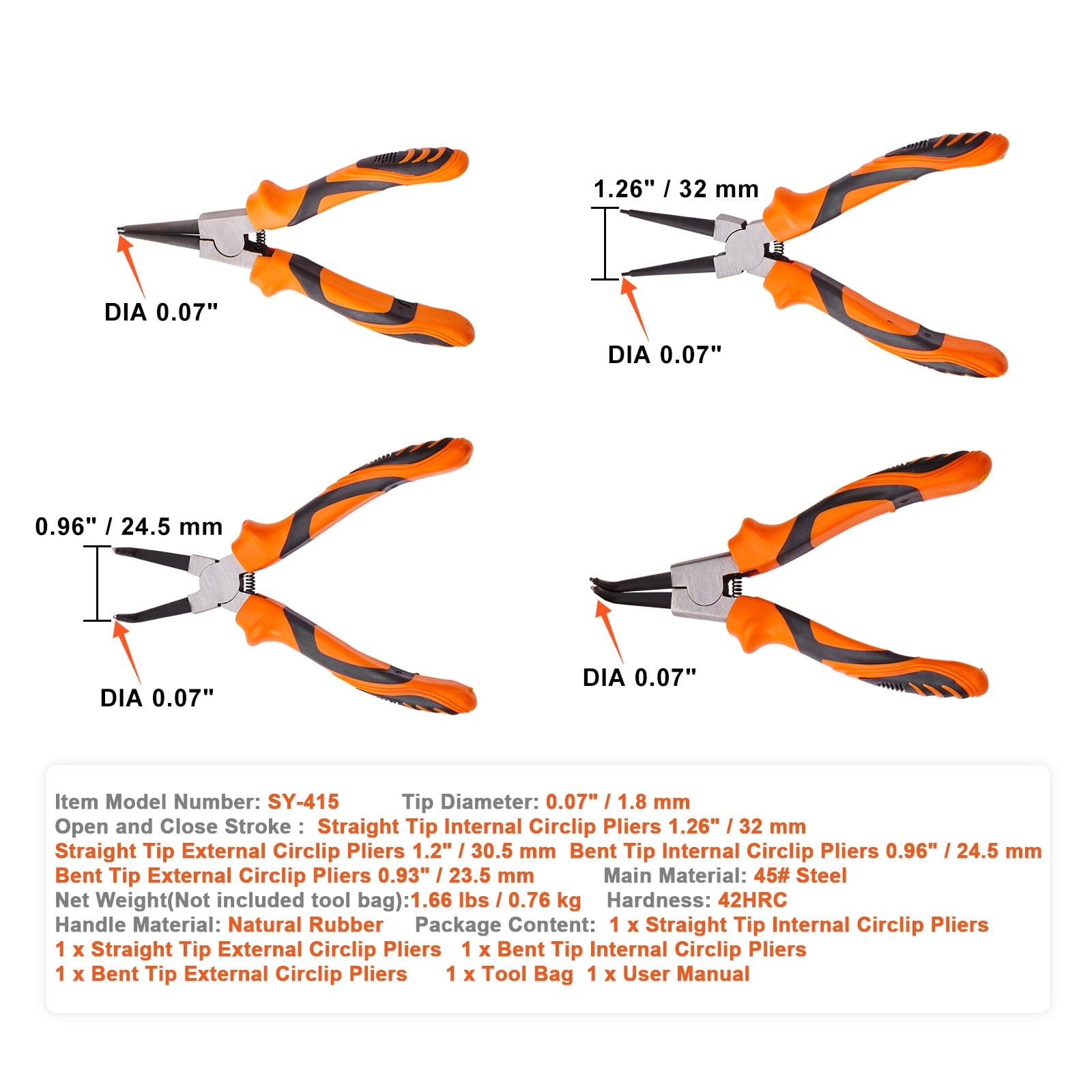 SKYSHALO Snap Ring Pliers Set, 4-Piece 0.07" Tip Diameter, High Carbon Steel Straight and Bent Jaw, Heavy Duty Internal and External Circlip Pliers Kit, with Portable Tool Bag