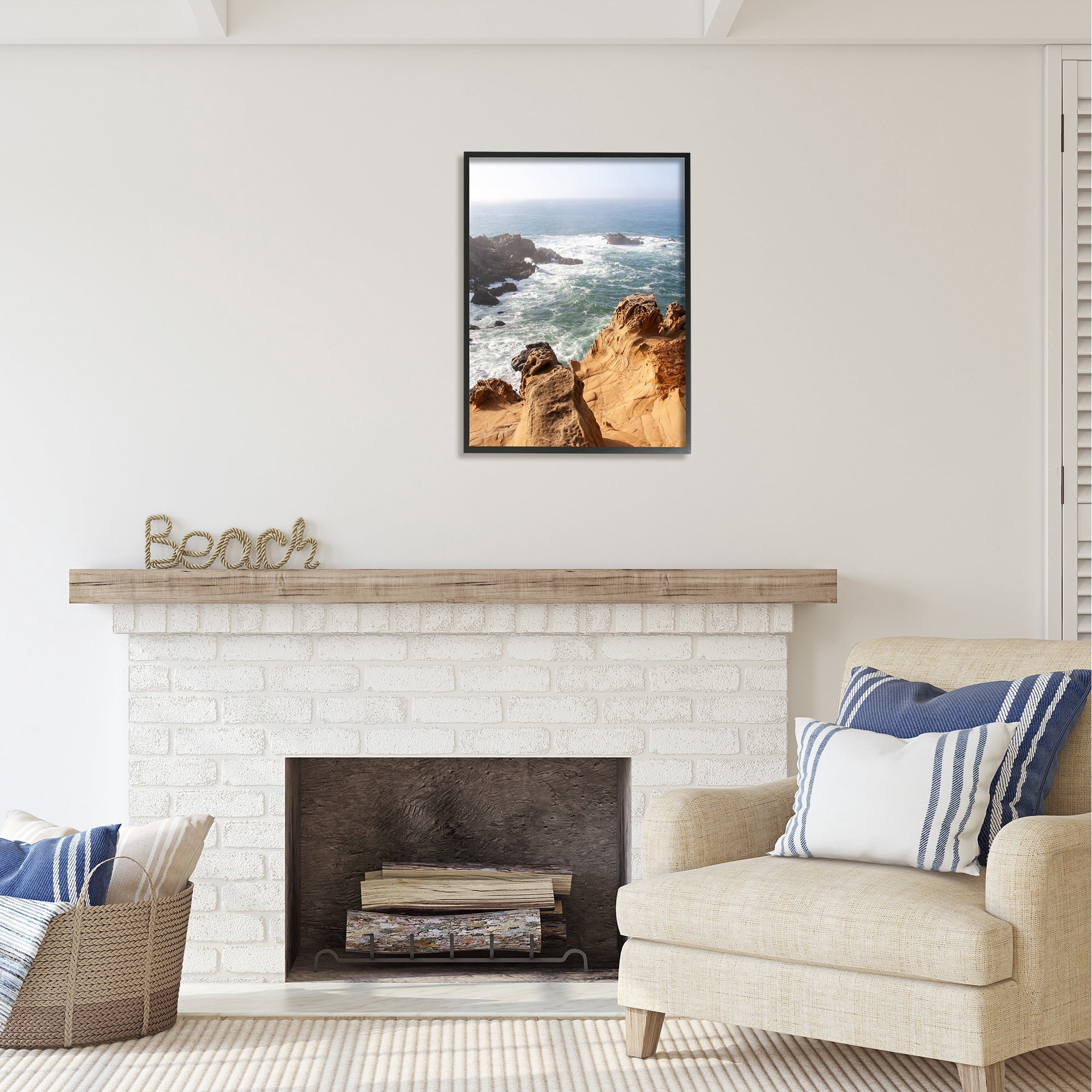 Stupell Industries Sea Cove Splashing Waves Landscape Photography Black Framed Art Print Wall Art, 24 x 30