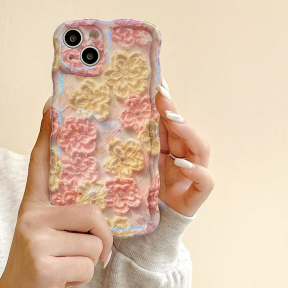Case for iPhone 14,Retro Iiridescent Flower Floral Oil Painting Curly Wavy Glossy Girly Case,Full Camera Protection Case for iPhone 14 Phone Case 6.1 Inch,Pink