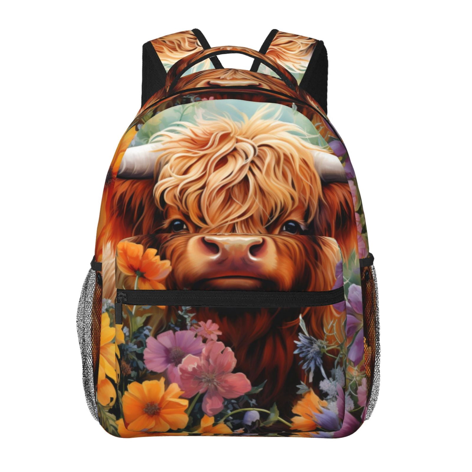 Ratiio Countryside Colorful Floral Cow Print Eco-Friendly Casual Backpack, Water-Resistant Polyester Canvas Daypack with Smooth Zippers, Comfortable & Durable Travel Bag with Laptop Compartment