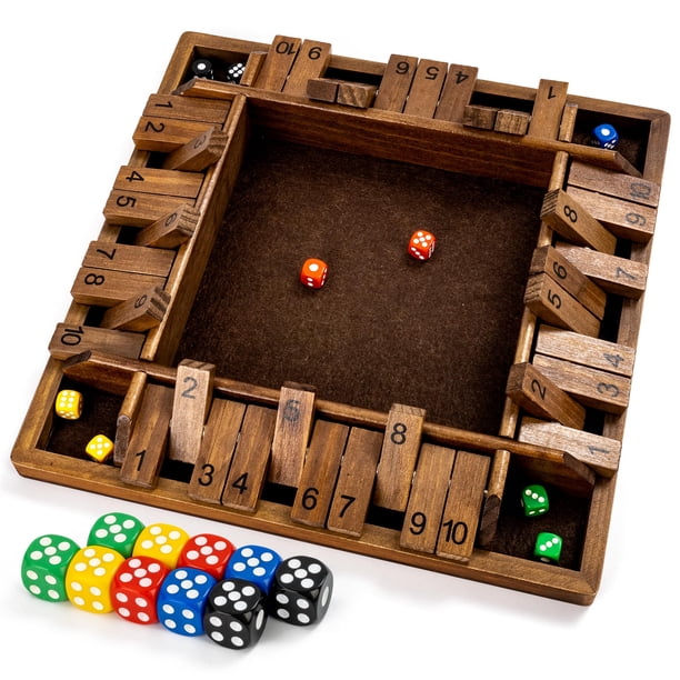 Ropoda Juego Shut The Box de 4 vías de 14 pulgadas (2-4 jugadores) para niños y adultos (juego de mesa Shut The Box grande de 4 caras de madera con 8 dados) Shut The Box - Juego de dados estilo vintag