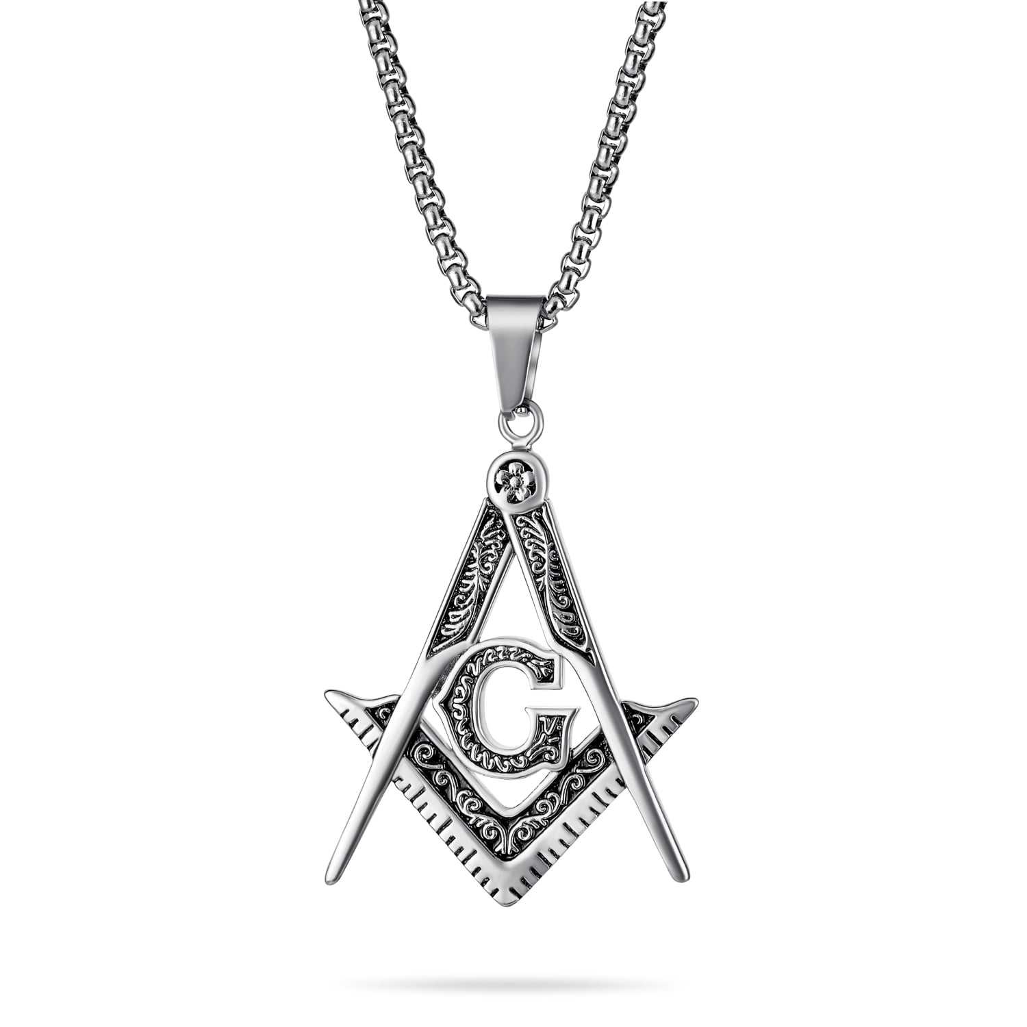 Sterling Silver Womens 1mm Box Chain Masons Freemasonry Masonic Square Compass Letter G Pendant Necklace 
