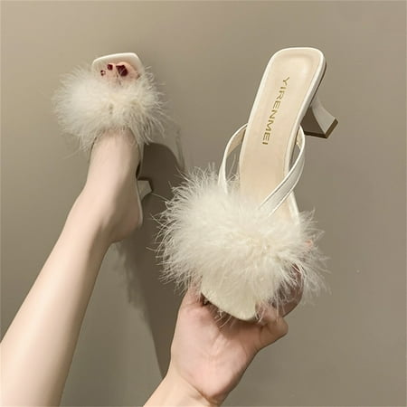 

ãYilirongyummã Beige 39 Sandals Women Fashion Summer Women Sandals Heel Medium Heel Fluff Thong Casual Style