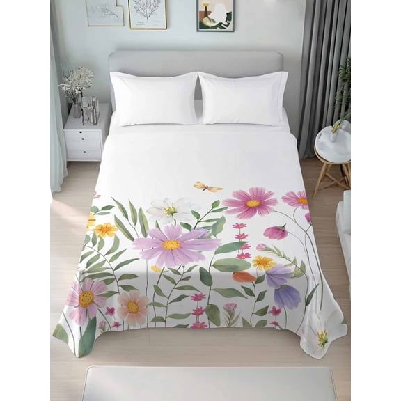Botanical Floral King Size Flat Sheet, Wrinkleproof & Fadeproof Cooling Flat Bed Sheet Only, Spring Colorful Flowers Butterfly Breathable Soft Bedding Top Sheets 105 x 98 Inches
