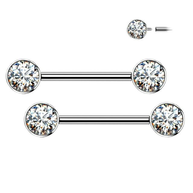 BodyJewelryOnline Nipple Barbell Implant Grade Titanium with CZ bezel Set Internally Threaded Women