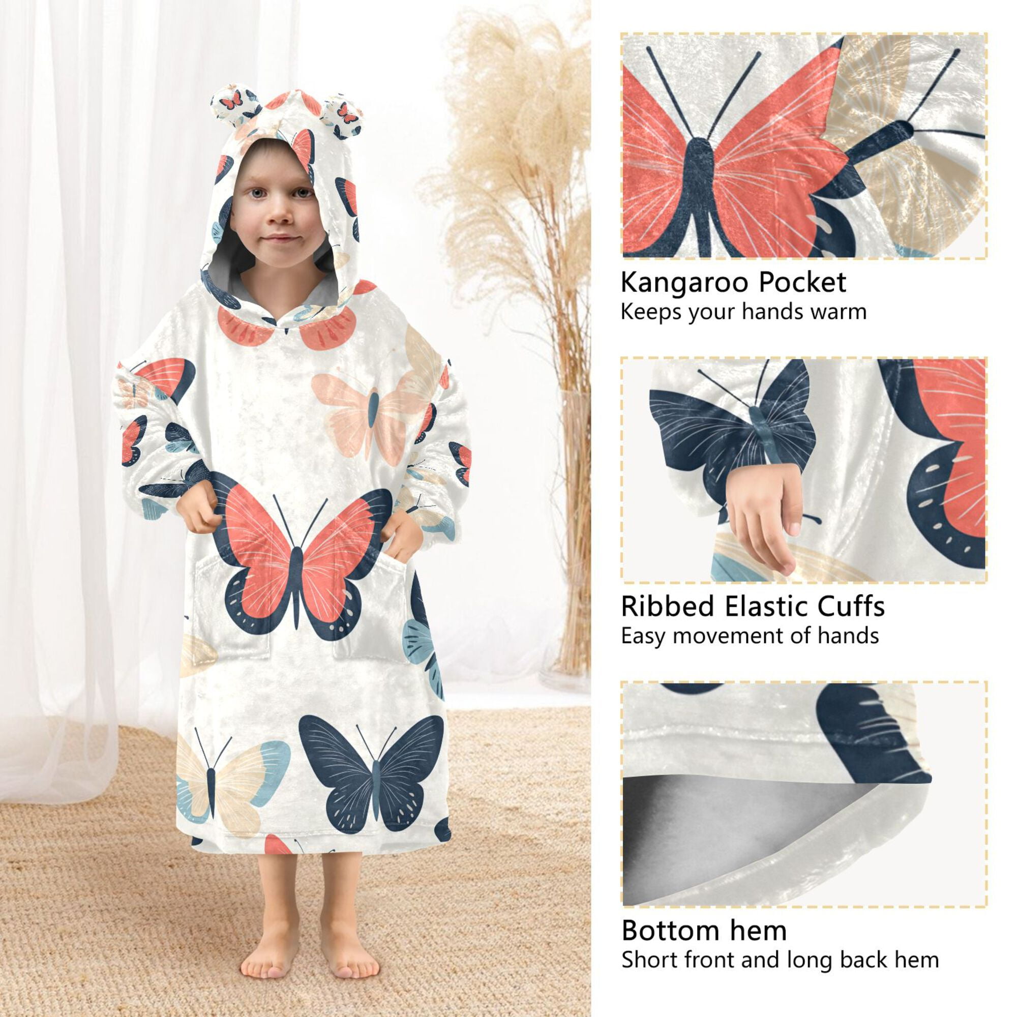 FORMRS Wearable Blanket Hoodie with Sleeves for Kids Cozy Flannel Sweatshirt, Beige Butterflies
