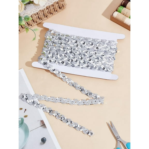 5.47 Yards(5m) Silver Polyester Paillette Lace Ribbon Sequin Ribbon Trim Sewing Laces Fabric Trim for Wedding Applique Dress Bridal Curtain DIY Sewing Craft Supply 5/8 inch(15mm) Silver