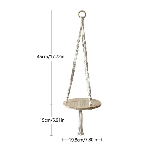 Boho Macrame Tapestry Wall Hanging Shelf Hand Woven Cotton Rope Plant Hanger Wood Floating Shelf Home Living Room Decorations (01)