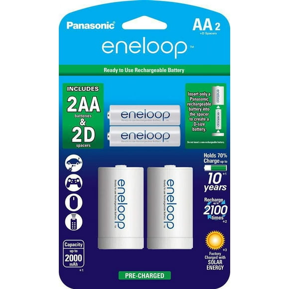 Panasonic eneloop AA NEW 2100 Cycle, Ni-MH Pre-Charged Rechargeable Batteries, 2 Pack with 2 "D" Spacers